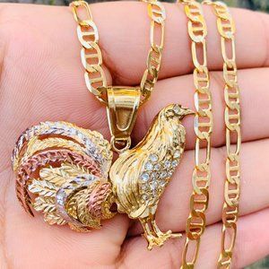 Necklace 14K Gold Filled Chicken Rooster Pendant 24" Mariner Figaro Chain Gallo